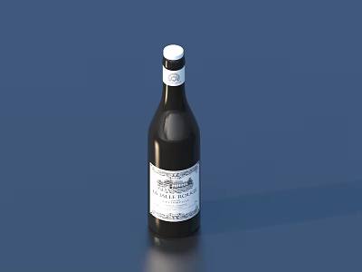 Dark Wine Bottle With White Cap Label And Wine Glass On Deep Blue Surface 3d model