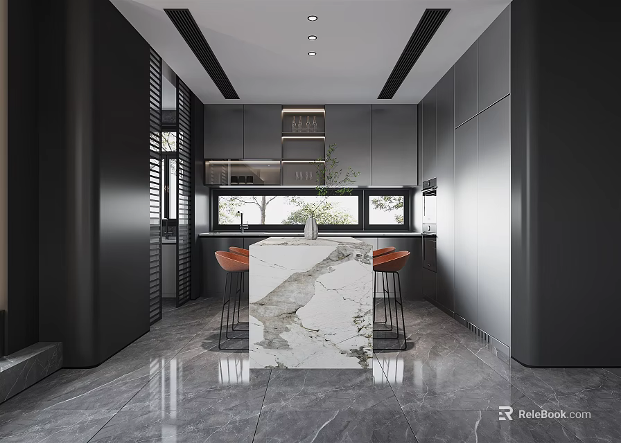 Modern Open Kitchen Interior With Black Cabinets Marble Island And Orange Bar Stools 3d model
