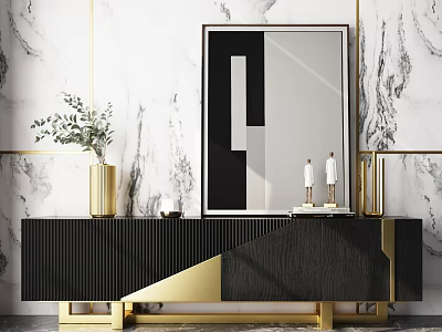Modern Black Gold TV Stand With Vertical Stripes Decorative Vase Green Plant and Geometric Painting 3d model