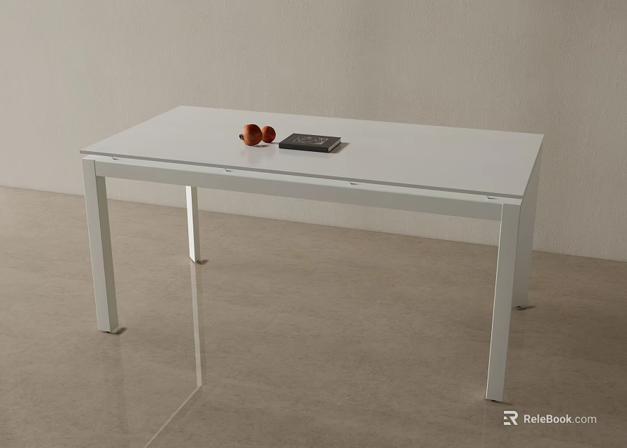 White Modern Dining Table With Apples And Notebook On Top In Minimalist Interior 3d model