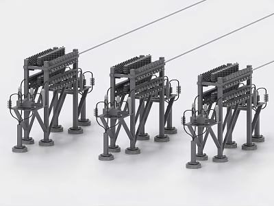 Three Industrial Equipment Units With Heavy Duty Metal Frame Supports And Multi Layer Structures 3d model