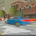 Vibrant Commercial Street Featuring Red Brick Buildings Arched Windows Street Trees And Moving Cars