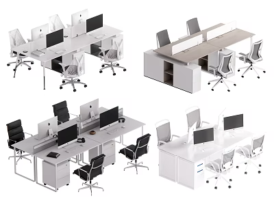 Modern Office Desk With Various Layouts Chairs Computer Monitors And Drawers 3d model