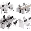 Modern Office Desk With Various Layouts Chairs Computer Monitors And Drawers