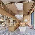 Cozy Dessert Shop Interior With Wooden Ceiling Pink Chairs Display Counters And Chandelier