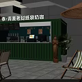 Green Container Building Outdoor Coffee Bar With Counter Plants And Lounge Chairs