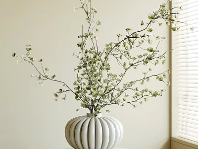 Decorative Ornament Combination With White Ribbed Vase And Green Leaf Branches For Indoor Window Sill 3d model