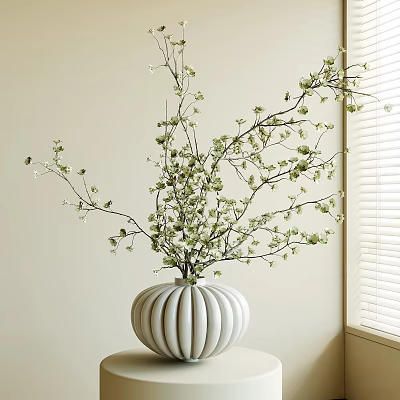 Decorative Ornament Combination With White Ribbed Vase And Green Leaf Branches For Indoor Window Sill 3d model