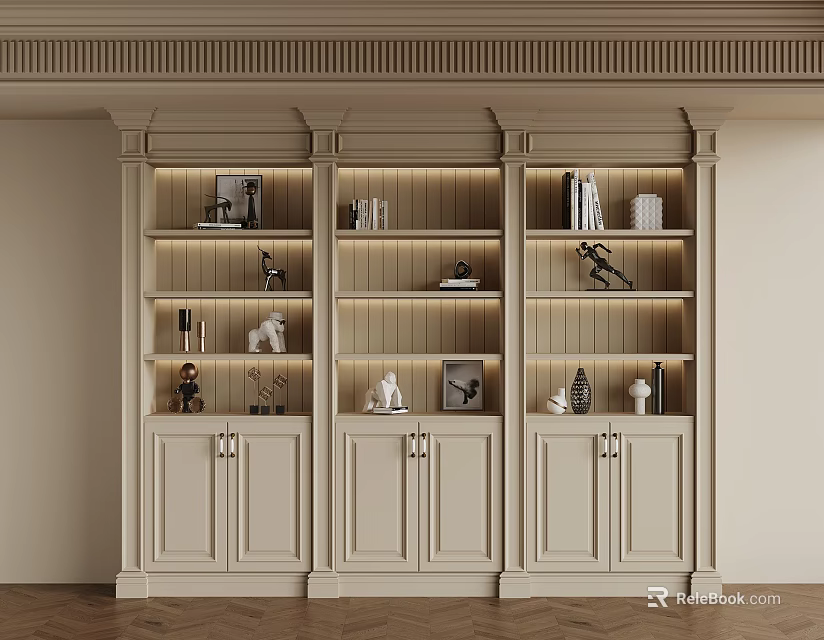 Elegant Beige Bookcase With Multiple Shelves Books Decorations Sculptures And Cabinet Doors 3d model 