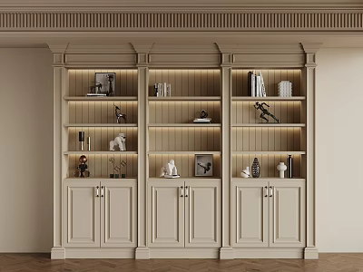 Elegant Beige Bookcase With Multiple Shelves Books Decorations Sculptures And Cabinet Doors 3d model