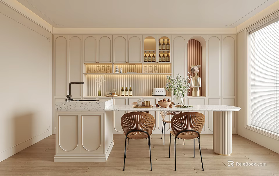 Elegant Modern Restaurant Interior With Light Toned Cabinets Island Counter Open Shelves And Chairs 3d model 