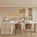 Elegant Modern Restaurant Interior With Light Toned Cabinets Island Counter Open Shelves And Chairs