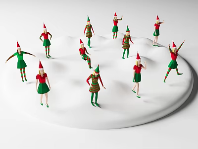 Women In Red Green Costumes With Pointed Red Hats On White Snow In Different Poses 3d model