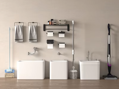 Bathroom Cleaning Tools Setup With Basins Towel Racks Storage Shelves And Vacuum Cleaner 3d model