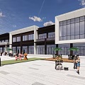 Modern Commercial Street With Glass Curtain Wall Buildings Outdoor Leisure Areas And Pedestrians
