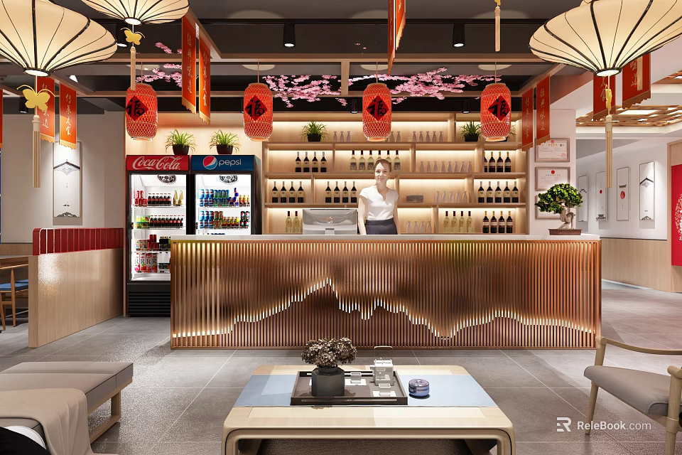 Traditional Hot Pot Restaurant Interior With Red Lanterns Cherry Blossom Decorations And Bar Counter 3d model 