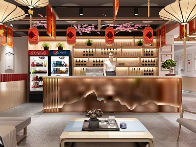 Traditional Hot Pot Restaurant Interior With Red Lanterns Cherry Blossom Decorations And Bar Counter 3d model