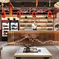 Traditional Hot Pot Restaurant Interior With Red Lanterns Cherry Blossom Decorations And Bar Counter