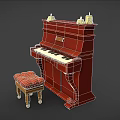 Red Wooden Upright Piano With Tufted Stool And Decorative Candles On Top