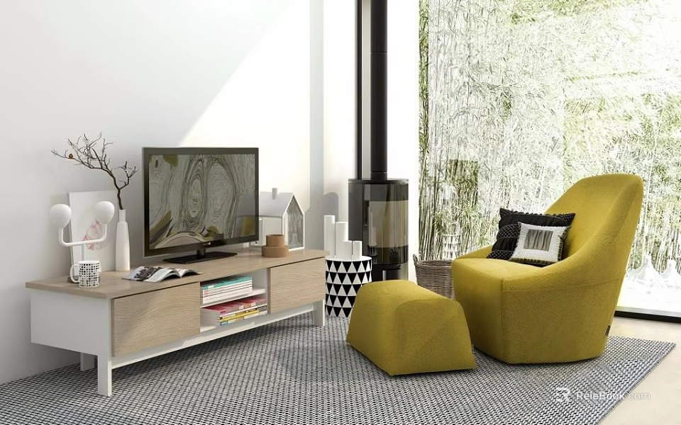 Modern Living Room TV Setup With Wooden Stand Yellow Armchair And Ottoman 3d model 