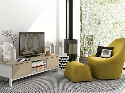 Modern Living Room TV Setup With Wooden Stand Yellow Armchair And Ottoman 3d model