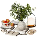 Elegant Decorative Ornament Set with Green Plant Vase Stacked Books and Fruit Bowl