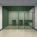 Green Metal Grid Enclosure With Equipment In Indoor Space White Walls Light Floor