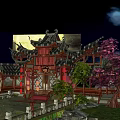 Ancient Chinese Palace Courtyard With Red Tiled Roofs And Pink Cherry Blossom Trees