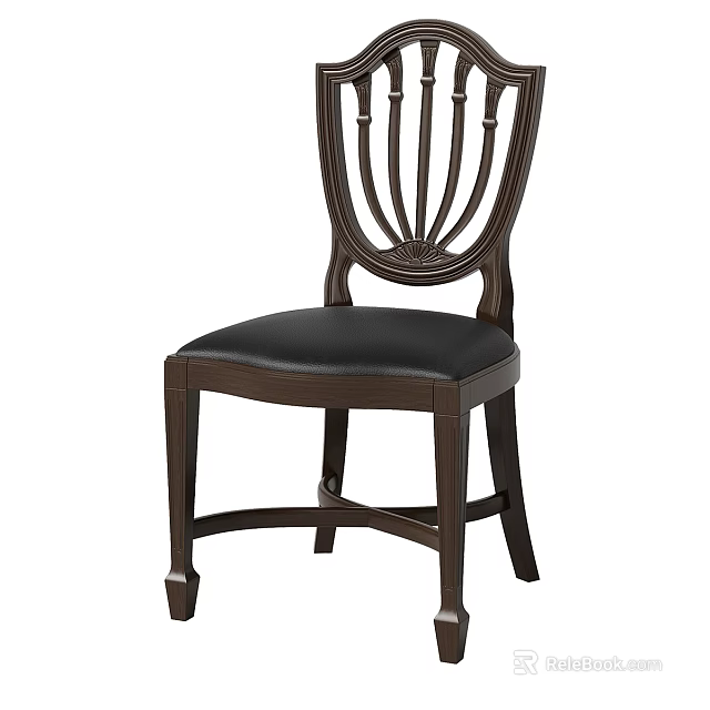 Classic Dark Wood Dining Chair With Elegant Curved Backrest And Black Leather Seat 3d model 