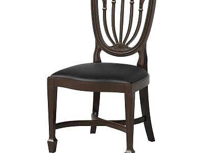 Classic Dark Wood Dining Chair With Elegant Curved Backrest And Black Leather Seat 3d model