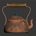 Copper Teapot with Wooden Handle Blue Lid Top Shiny Surface Classic Design on Dark Background
