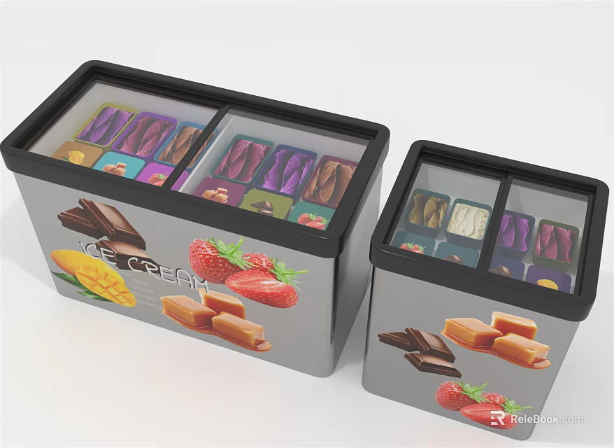 Modern Ice Cream Freezers With Transparent Lids Storing Various Flavors And Fresh Fruits 3d model 