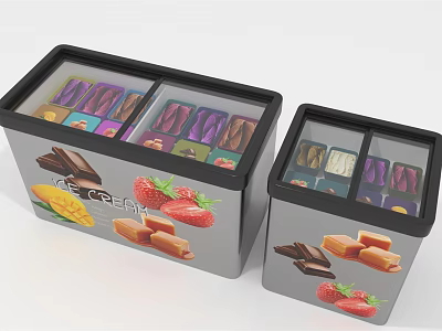 Modern Ice Cream Freezers With Transparent Lids Storing Various Flavors And Fresh Fruits 3d model