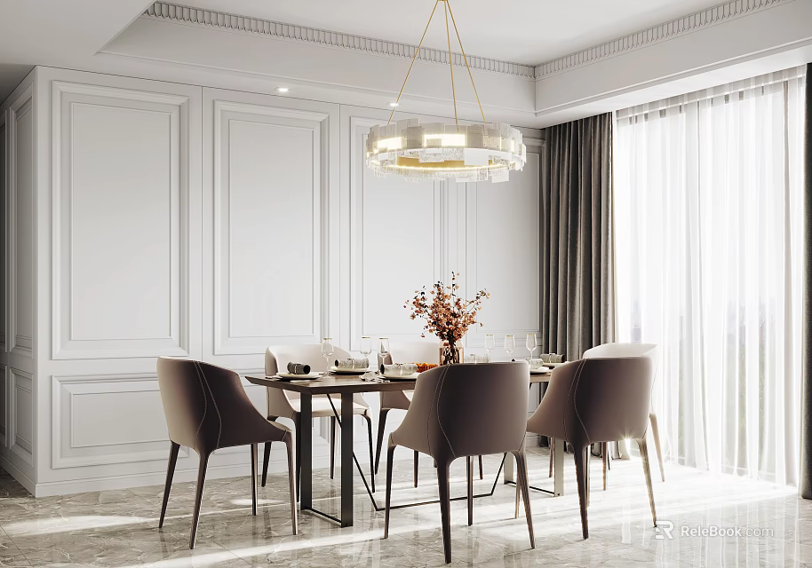 Modern Elegant Restaurant With White Walls Round Dining Table Gray Chairs Chandelier Large Windows Curtains 3d model 