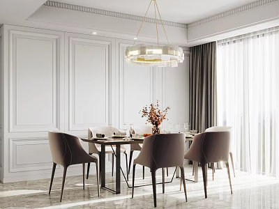 Modern Elegant Restaurant With White Walls Round Dining Table Gray Chairs Chandelier Large Windows Curtains 3d model