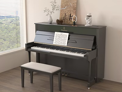 Black Piano With Music Sheet Musical Painting And Cushioned Bench By Window Blinds Green Plants 3d model