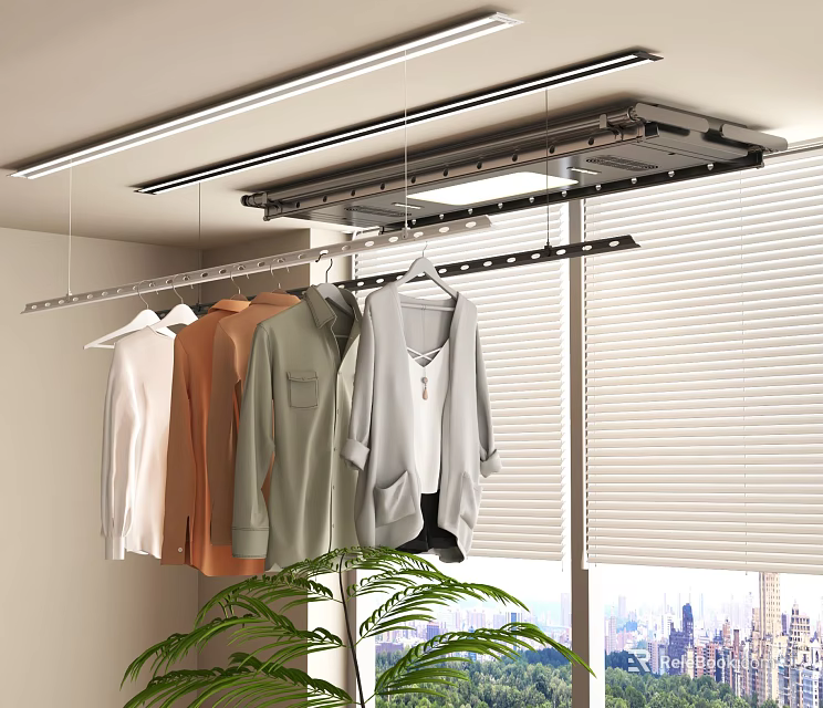 Indoor Clothes Drying Rack With Hanging Shirts And Window Blinds By City View 3d model 