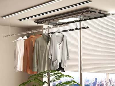 Indoor Clothes Drying Rack With Hanging Shirts And Window Blinds By City View 3d model