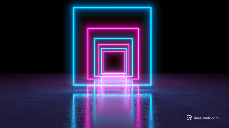 Glowing Nested Neon Squares With Blue Pink Lights And Floor Reflection On Black Background 3d model 