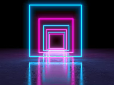 Glowing Nested Neon Squares With Blue Pink Lights And Floor Reflection On Black Background 3d model