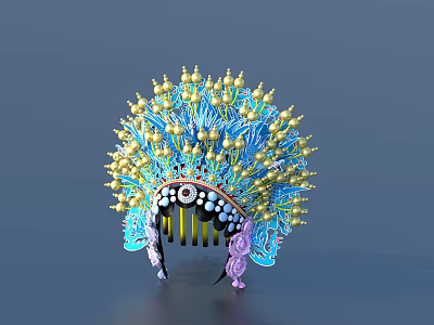 Traditional Chinese Decorative Headdress With Blue Gold Beads And Tassel Design 3d model