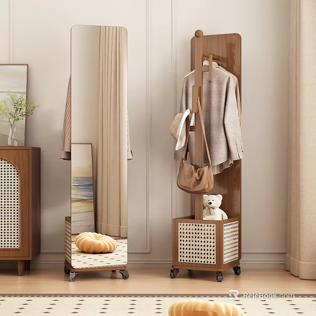 Wooden Coat Rack With Hanging Coat Brown Bag Rattan Base And Teddy Bear Indoor 3d model 