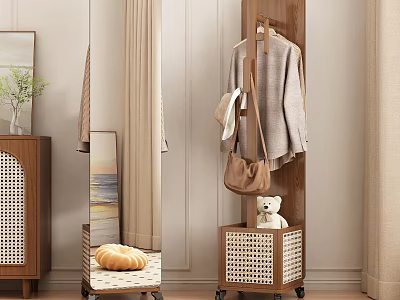 Wooden Coat Rack With Hanging Coat Brown Bag Rattan Base And Teddy Bear Indoor 3d model