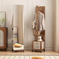 Wooden Coat Rack With Hanging Coat Brown Bag Rattan Base And Teddy Bear Indoor