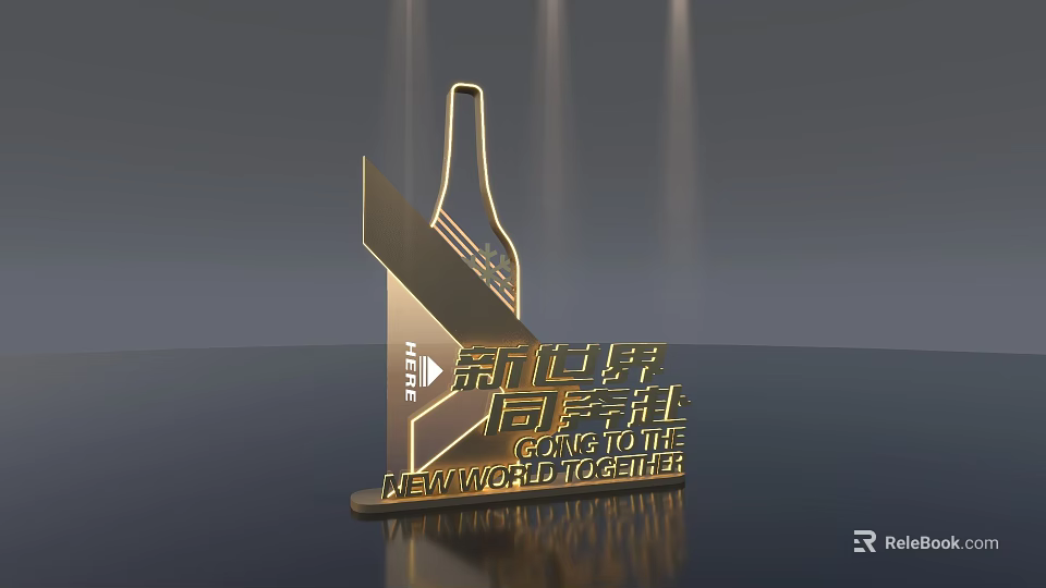 Golden Guiding Signage With New World Together Text And Logo Design 3d model 