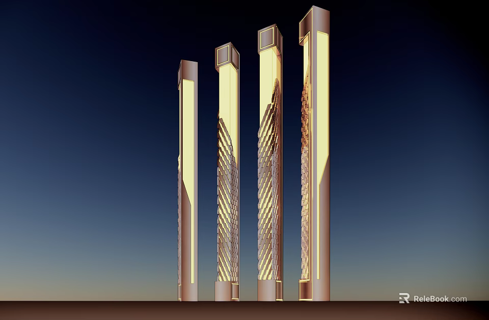 Modern Outdoor Column Lights With Textured Patterns And Illuminated Glow At Night 3d model 