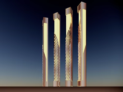Modern Outdoor Column Lights With Textured Patterns And Illuminated Glow At Night 3d model