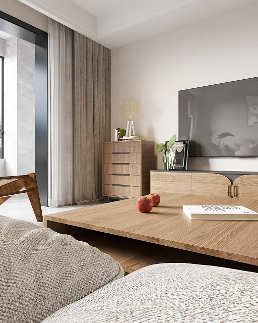Modern Living Dining Room Interior With Wooden Coffee Table TV Cabinet Natural Light And Plants 3d model 