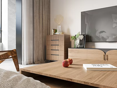 Modern Living Dining Room Interior With Wooden Coffee Table TV Cabinet Natural Light And Plants 3d model