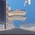 Commercial Street With ART Signage High Rise Building Pedestrian Overpass And Illuminated Storefronts